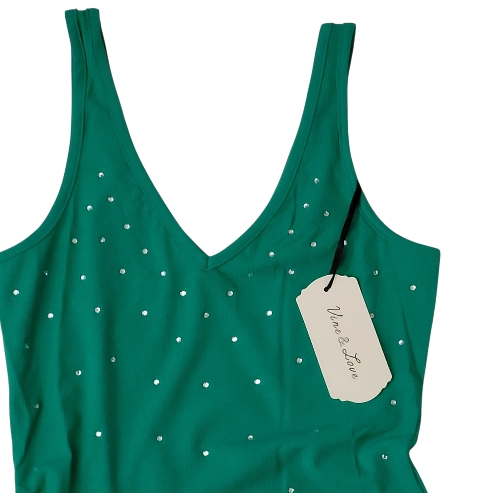 Sleeveless Double V-Neck Tank Top w Rhinestones Green Womens Large Bling - Picture 7 of 9
